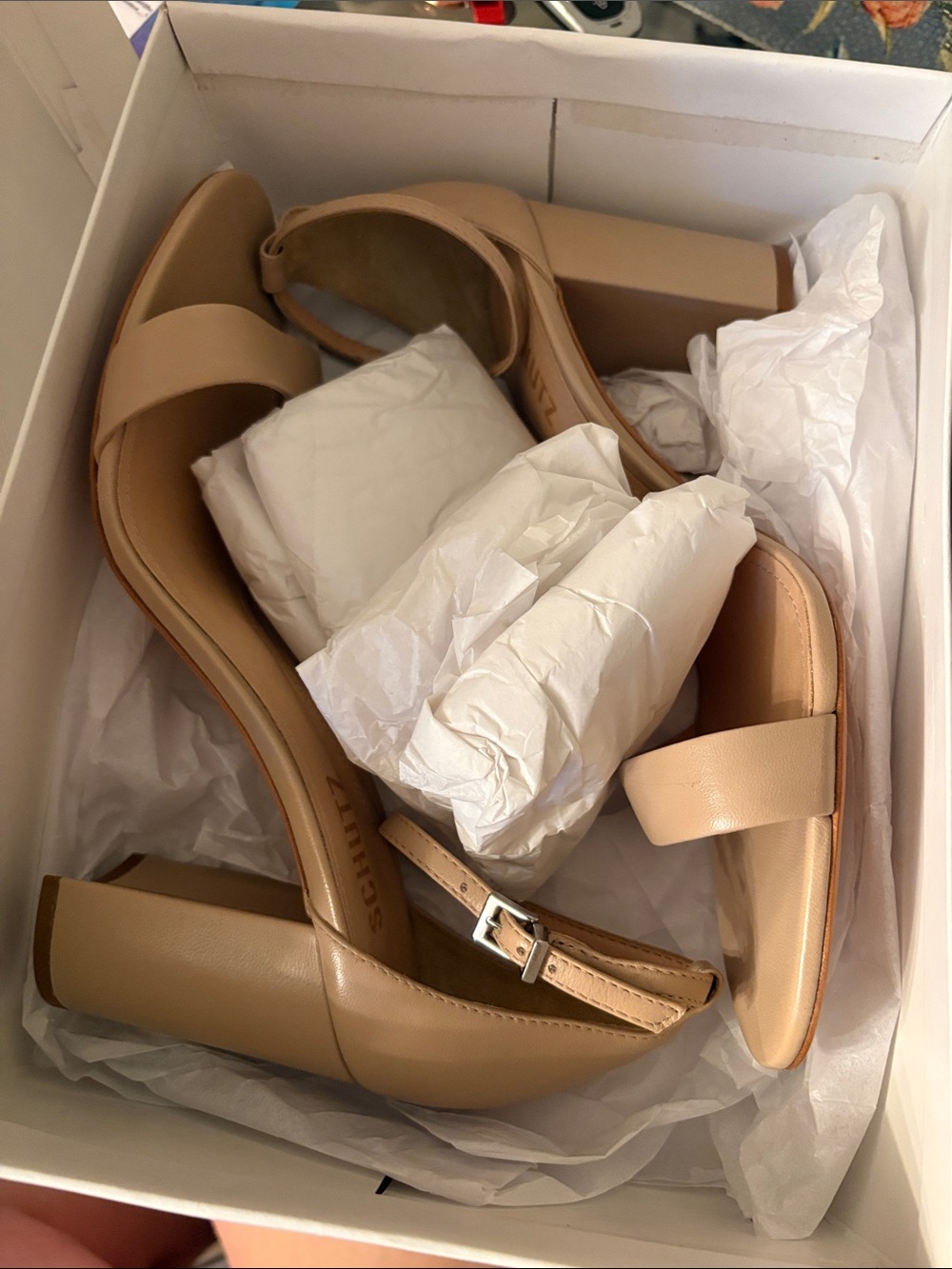 SCHUTZ Nude Beige Block Heel Sandals with Ankle Strap #94
